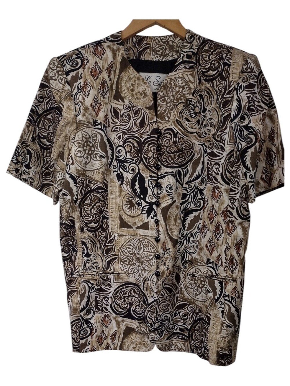 Vintage Le Suit Beige and Black Floral Button-Front Blouse